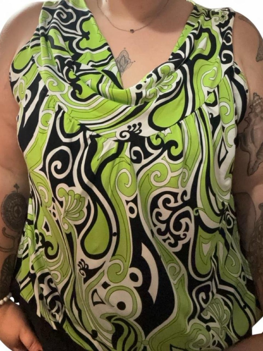 Y2K Women’s Sleeveless Cowl Neck Top in Lime Green Swirl Print